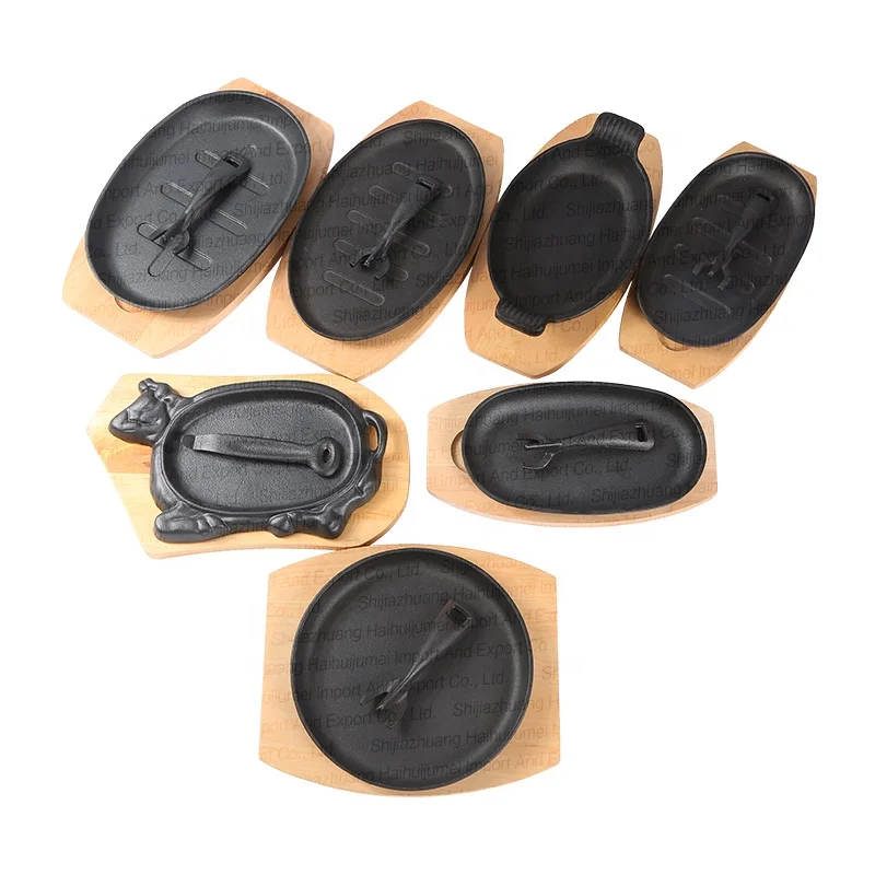 Manufacture Pre-Seasoned Cast Iron Sizzling Steak Plate Pan Fajita Wooden Base Tray Set Barbecue BBQ Remove Handle