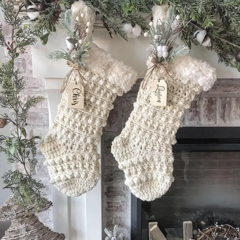Luxury Crocheted Rustic Christmas Stocking 2021 With Faux Fur Handmade Socks Christmas Decor