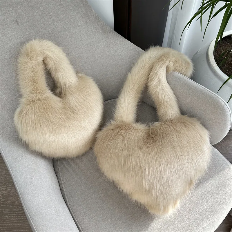 BUSY GIRL RS4752 Faux fox Fur Heart Shaped Bags for Women Fashion pink Khaki Furry Fuzzy Fluffy Crossbody Tote Bags