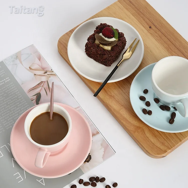 Cafe Supplies Wholesale Solid Color Tea and Saucer Cups Ceramic Reusable Espresso Coffee Cup Set