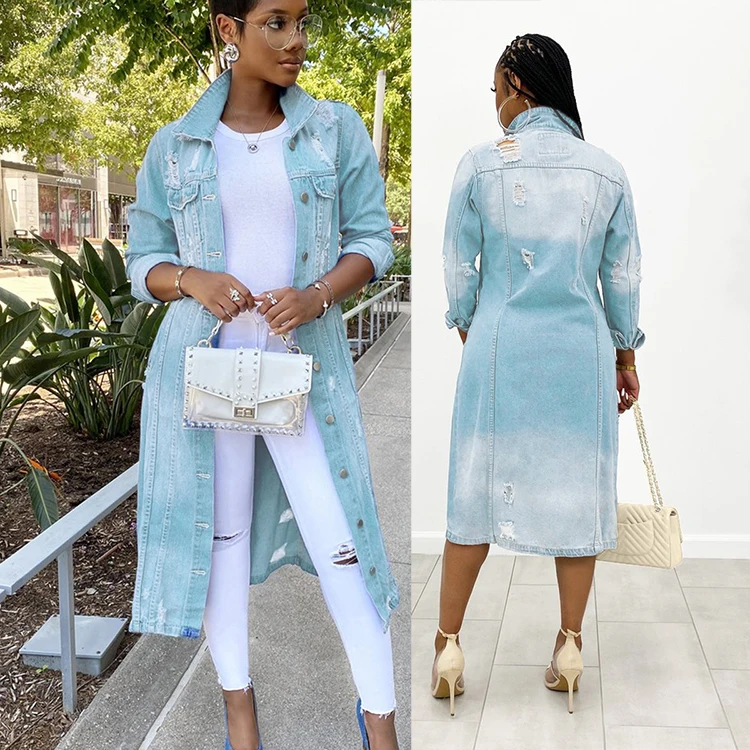 
Autumn Trendy Ladies Long Denim Trench Coat Sexy Blue Ripped Denim Jacket 