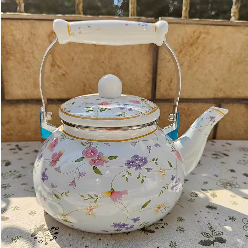 Enamel Tableware  2.5L Enamelled Metal Steel  Blooming flowers Teapot Kettle Pot with ceramic Handle
