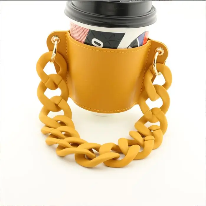 Fashion PU leather Acrylic Chain Milky Tea Coffee Hot Beverage Cup Holder Multi Colors Hot Drink Juice Thermal Cup Holder