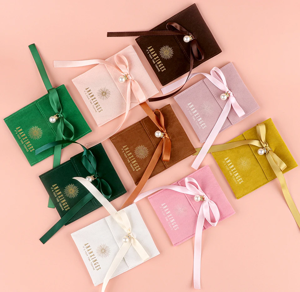 Pouch bag with Bow pearl customize logo rings earrings necklaces pendants display stand jewelry packaging jewelry magnetic box