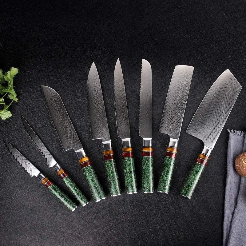 Green Resin Handle Damascus Steel Chef Knife Set De Cuchillos Damascus Kitchen Knife Sets knifes chef