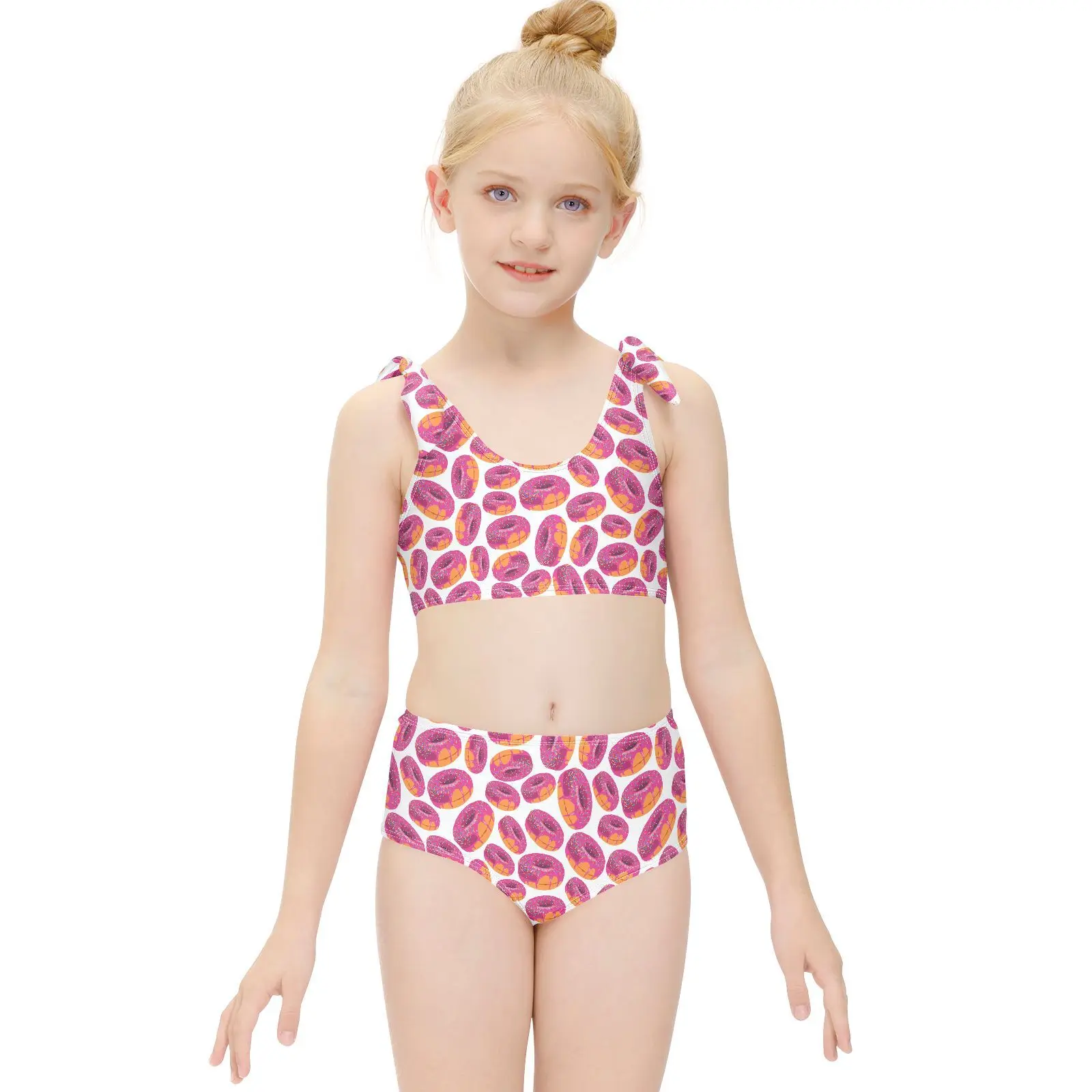 Outdoor Summer Custom Donuts Printed Two Piece Bikinis Swimsuit Sets Kids Girls Swimwear
