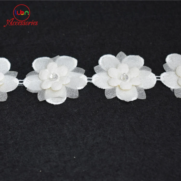 3D pearl flower applique lace embroidery for wedding dress
