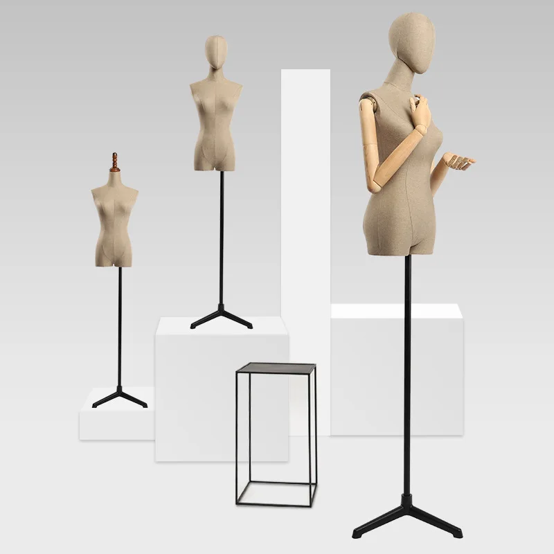 High quality mannequin female half solid wood arm window display clothing store wedding dress model dummy apricot fabric