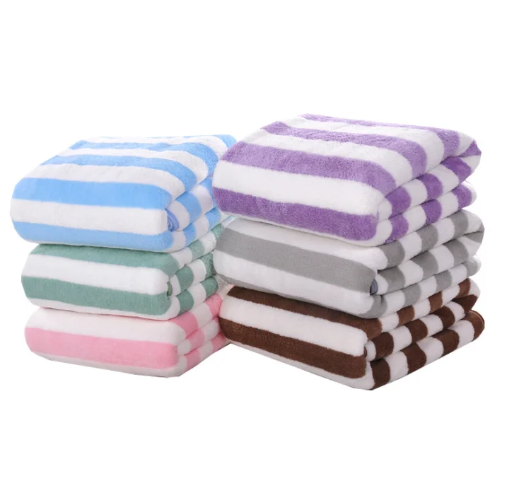 XIAOAO Manufacturer wholesale thickened stripe quick drying coral velvet 70 * 140cm large bath towel