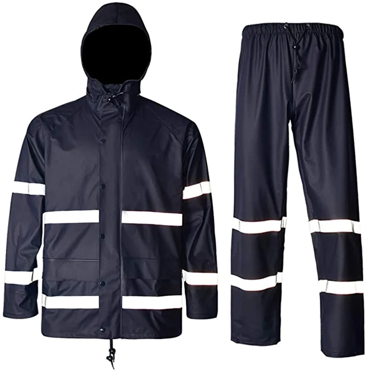 good quality Unisex pvc raincoat and pants, pvc/polyester rainsuit with reflective tape