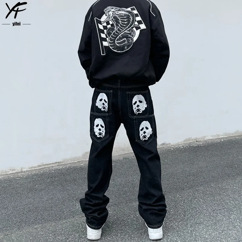 Custom stacked jeans black loose fit Y2K baggy jeans vintage punk hip hop wide leg pants for men