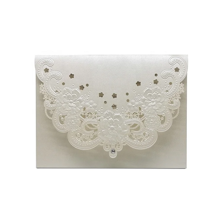 Navy blue envelope pocket embossed floral wedding card cover custom luxury invitation