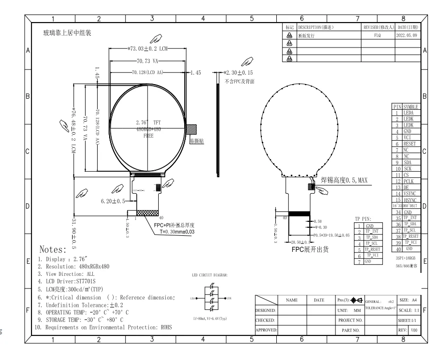 2.8 inch 480x480 Round TFT LCD Display Module 40pin ST7701S RGB Interface LCD Display