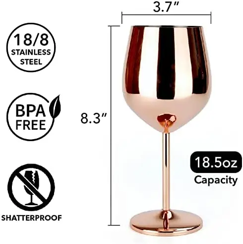 Unbreakable Luxury Rose Gold Mirror Polished 18oz Red White Stemmed Wine Glasses Stainless Steel Wine Goblet For Weeding Outdoor