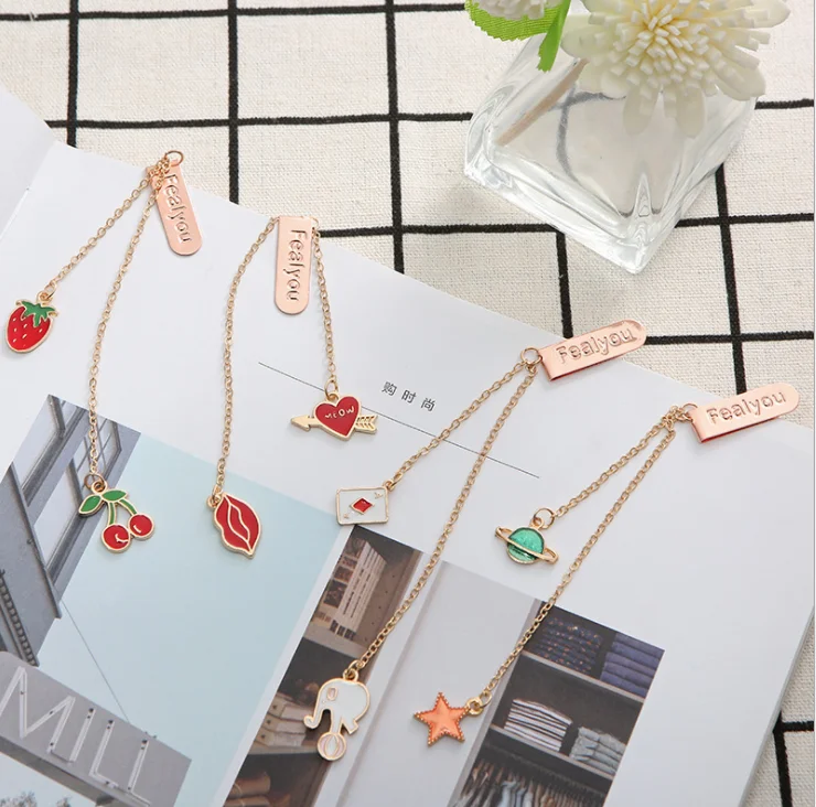 cute korean kawaii stationery Office school handmade long chain bookmark with pendant, fruit Strawberry cherry book mark charm