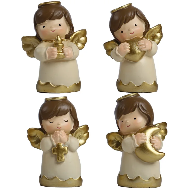 Time Slow 4pcs Set Resin Crafts Home Decor Cartoons Cute Little Angel Model Wing Statue Indoor Desktop Ornament Birthday GiftToy