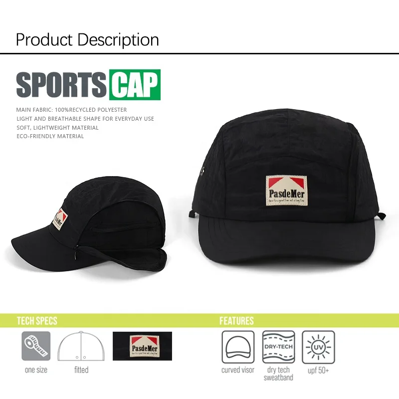 Custom Adjustable Waterproof Nylon 5 Panel Camp Caps with pocket Soft Lightweight Flexible Nylon Mesh Gorras Sports Caps hat