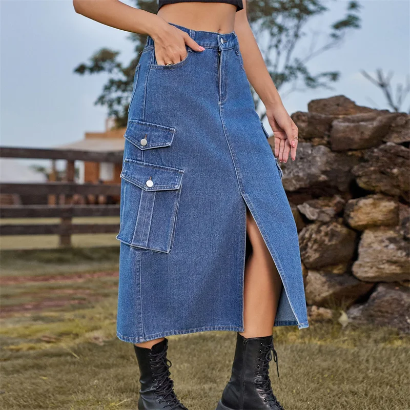 New elastic waist denim casual long skirt fashion solid color jean skirts for women