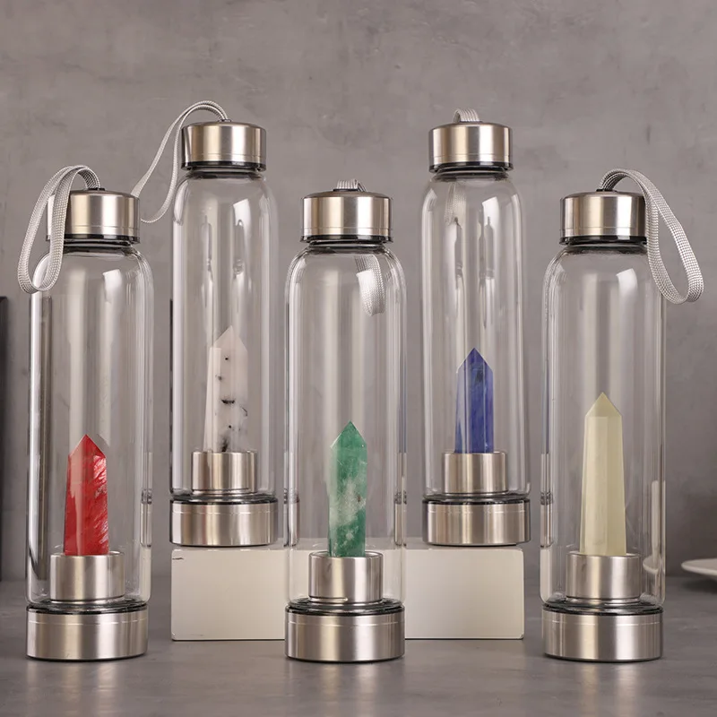 Custom healthy Amethyst gemstone infuser printed crystal glass water bottle drinking natural quartz stone water bottle