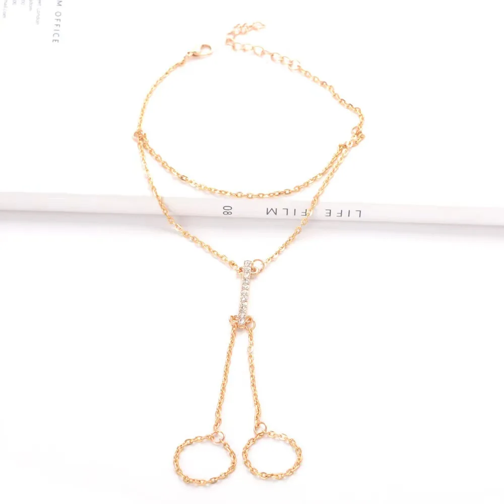Women Fashion Minimalist Chain Foot Anklets Full Rhinestone Choker Foot Jewelry Anklet with Toe Ring