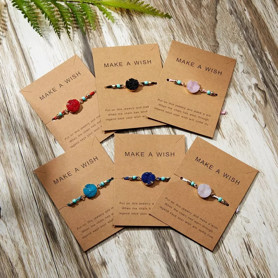 Make A Wish Natural Stone Bracelet Woven Handmade Braided Friendship Bracelet Wholesale Crystal Stone Quartz Card Bracelet