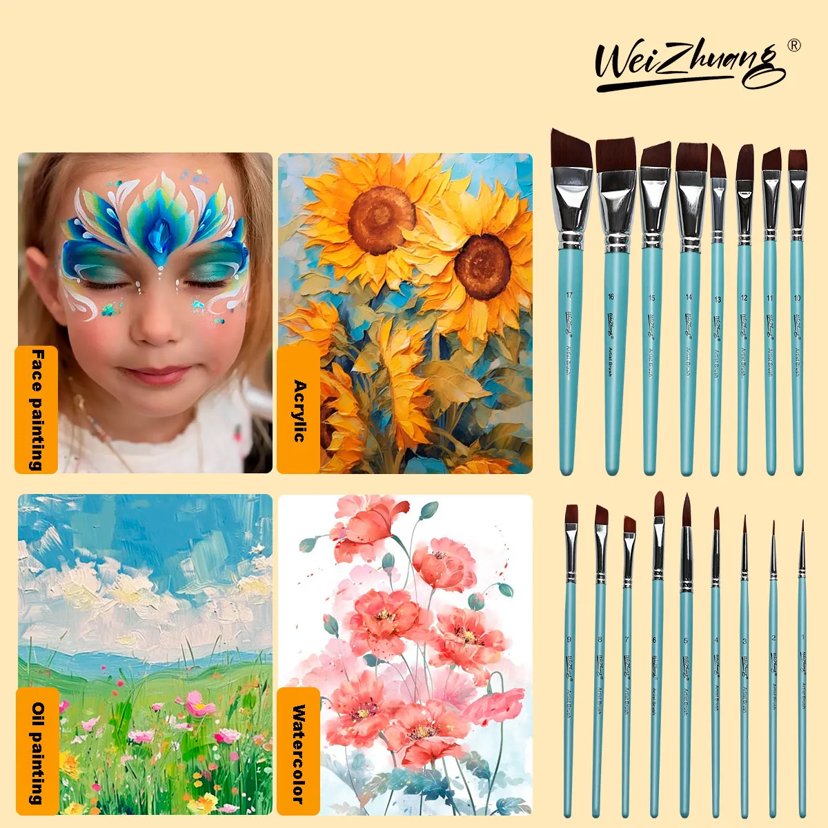 Factory Wholesale 17pcs Synthetic Hair Face Body Painting Brush Blue Wood Handle Detail Paint Brushes Set