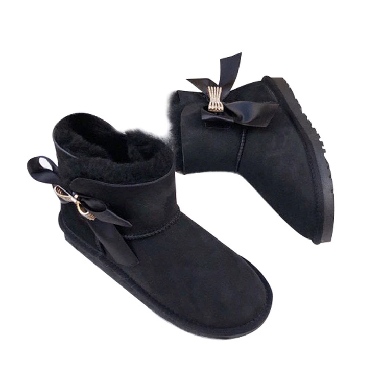 Factory Direct Bow Hiking Waterproof 
Funky Sheepskin Rubber Winter Warm Snow Boots For Women