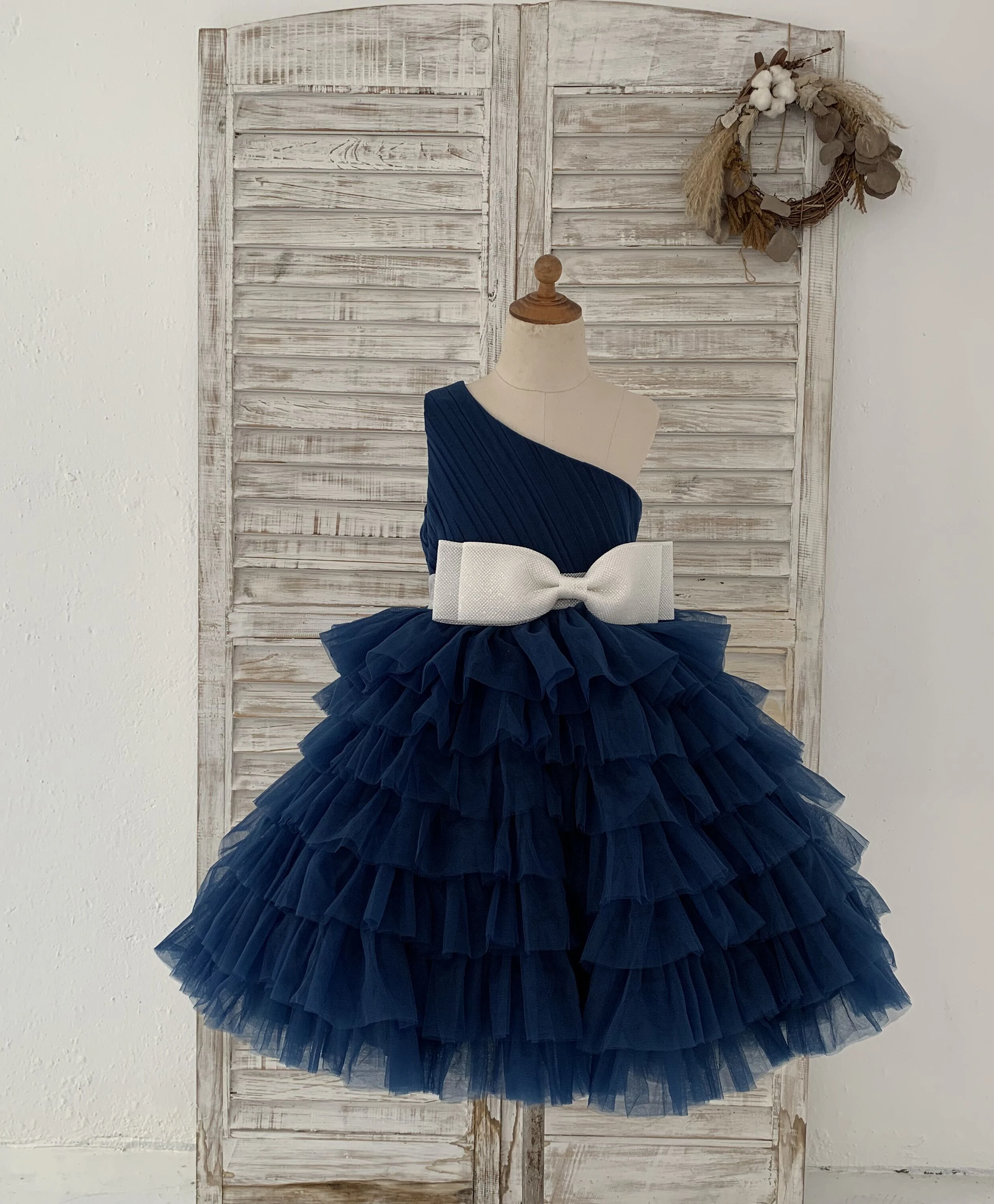 One Shoulder Cupcake Tulle Wedding Flower Girl Dress Kids Birthday Party Dress