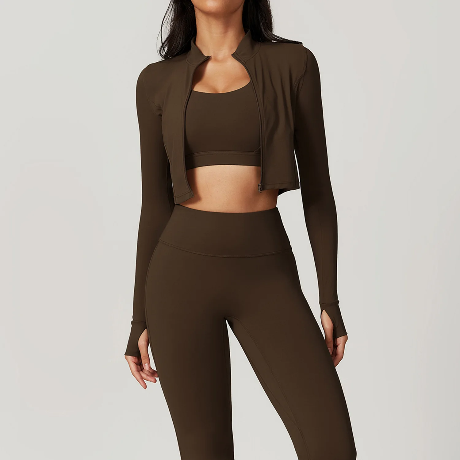 Women 3 Piece Long Sleeve Fitness Sets Sports Apparel Workout Jackets Yoga Coat Leggings Sets
