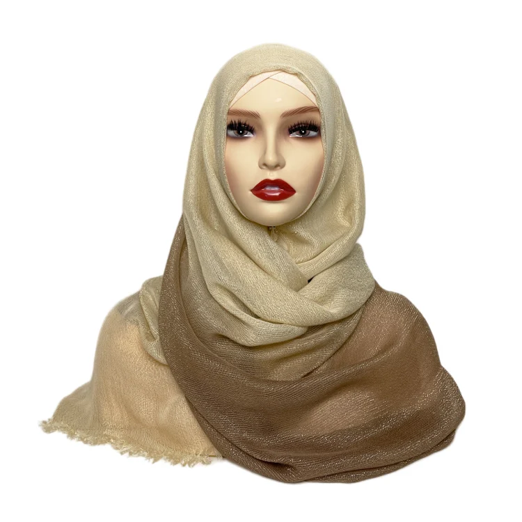 New luxury shimmer knitting satin scarf gradient viscose foulard hijab ombre tassel shawls for womens turban design 2023