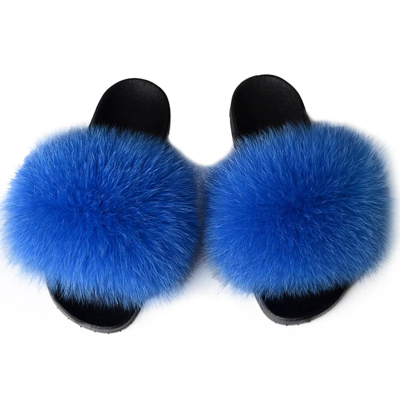 
Wholesale new style fluffy women real fox fur slides soft bedroom fur slippers 