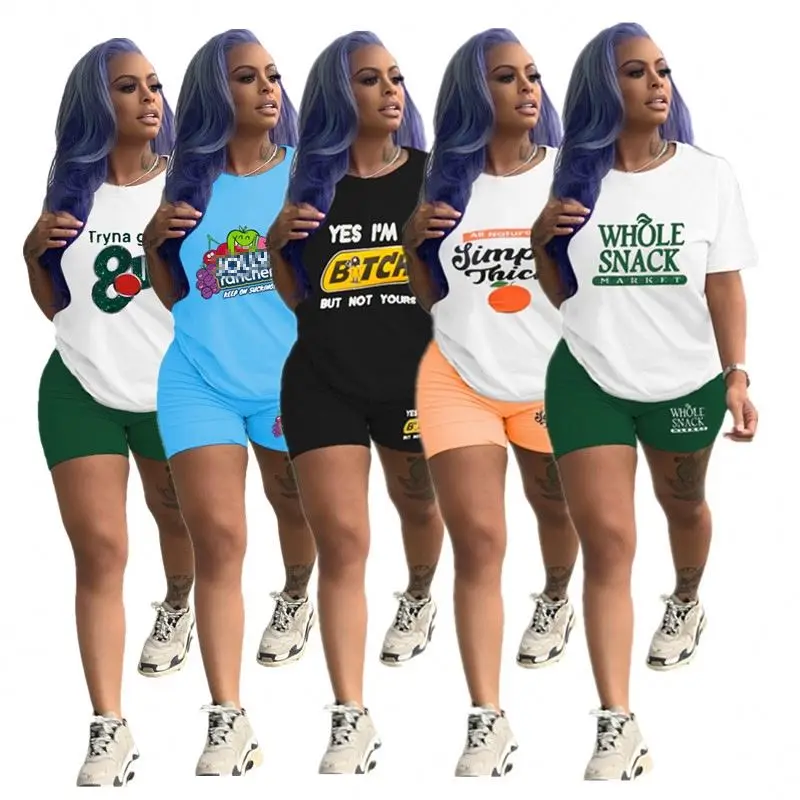 
2021 New Summer Casual Two Piece Short Set Women Clothing Whole Snack Letter Printing T Shirt And Short 