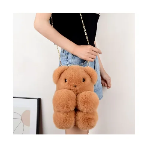 Wholesale Faux Rabbit Fur Teddy Bear Plush Toy Doll Cartoon Women Shoulder Messenger Crossbody Chain Bag