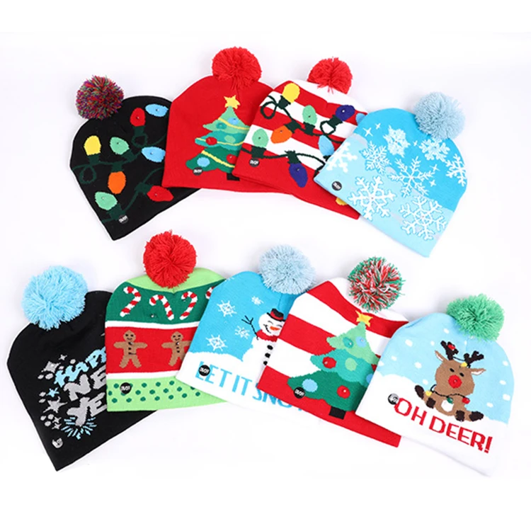 New Winter Festival Xmas Party Pompom Led Hats Kids Led Light-up Women Led Christmas Knitted Hat