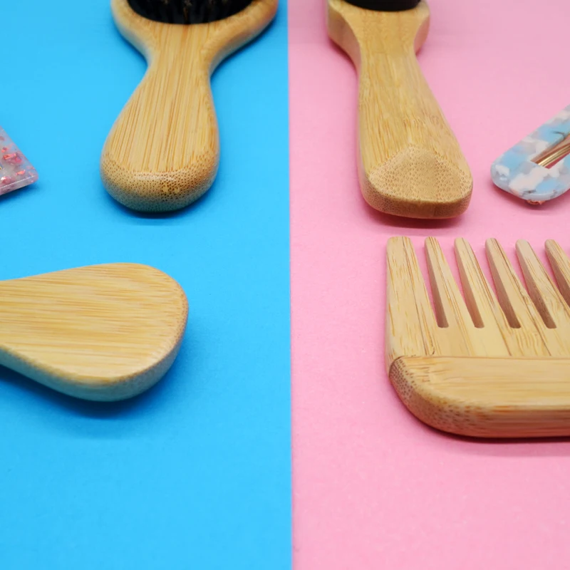 Custom logo brush and wide tooth comb set boar bristles paddle bamboo hair brush for Men and Women curly thick hair