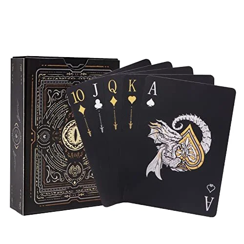 Custom Printing Cool Black Gold Dragon 54 Waterproof Deck Easy Shuffling Poker Cards Game Party Plastic Playing Cards