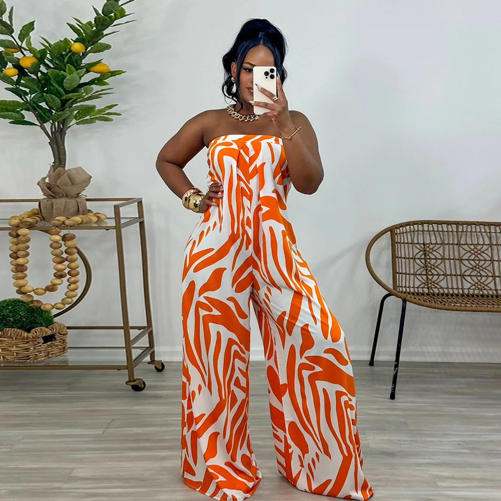 Liu Ming Clearance Sales Fashion New Women Sexy Strapless Print Sleeveless Casual Loose Wide Leg Jumpsuit