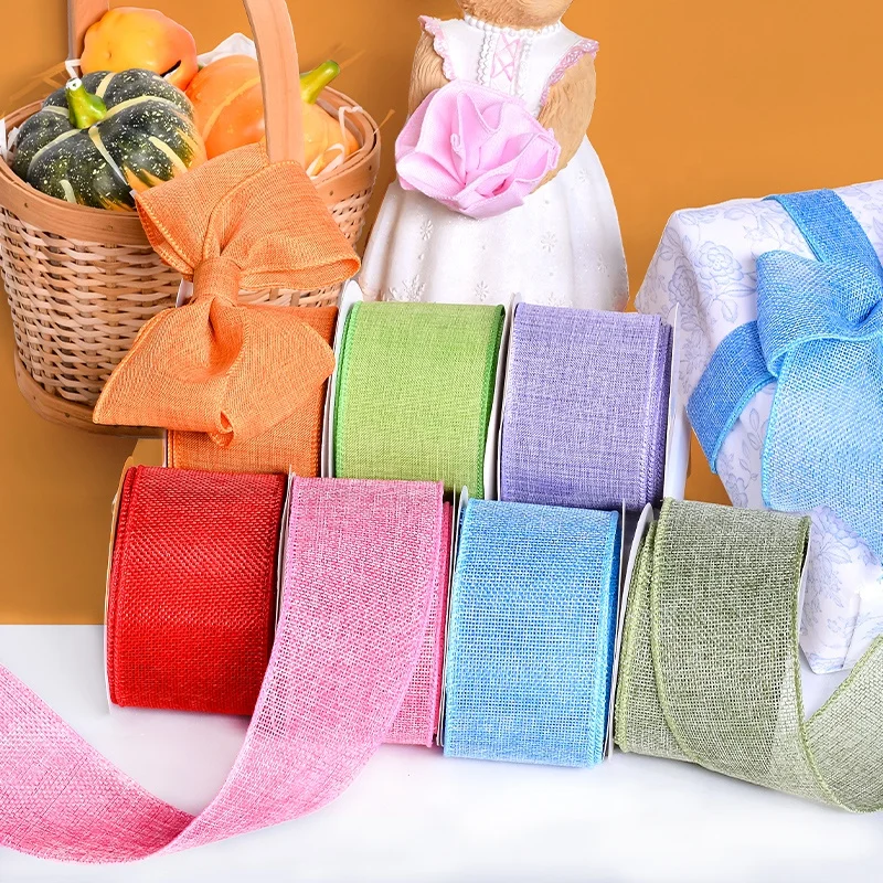 Yama ribbon factory wholesales stock 63mm 10yards solid colors white wired burlap ribbons roll
