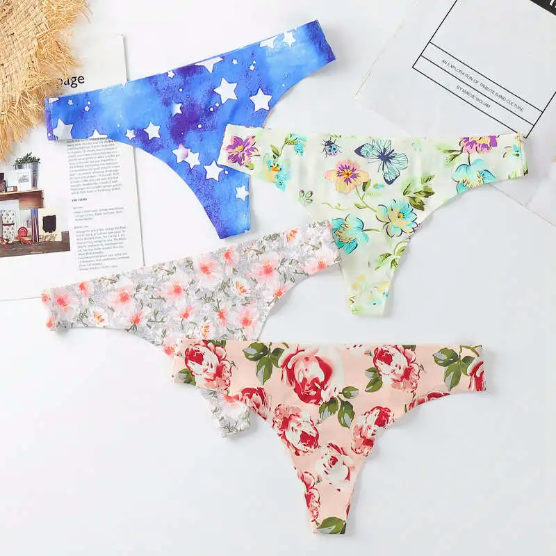 Wholesale ladies seamless underwear floral print Ice silk panties laser cut one piece brief thongs women