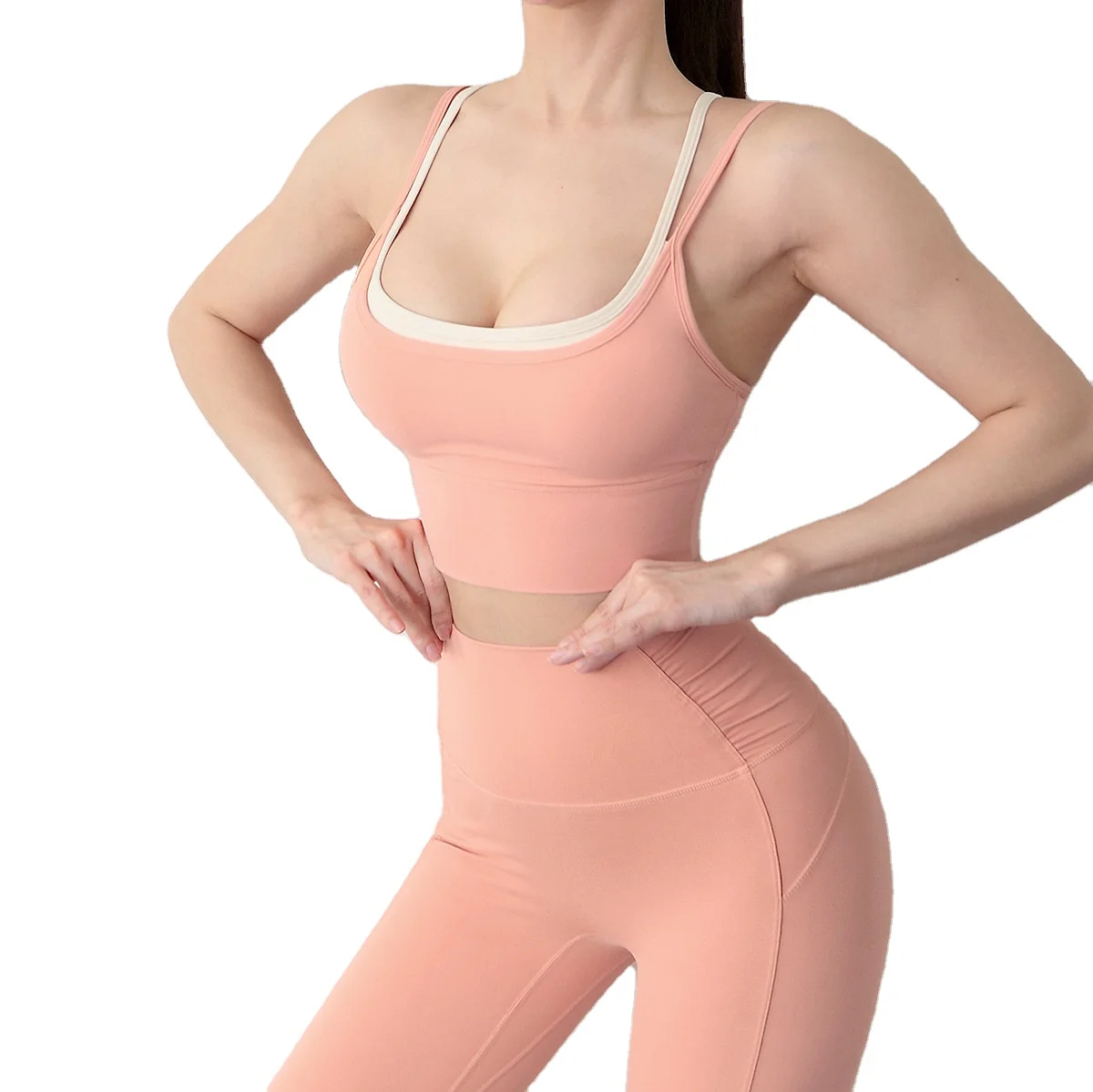 New Two Piece Yoga Bra Trousers Clothes Shockproof Gathering Color Matching Sports Fitness Elastic Orange pink Leggings