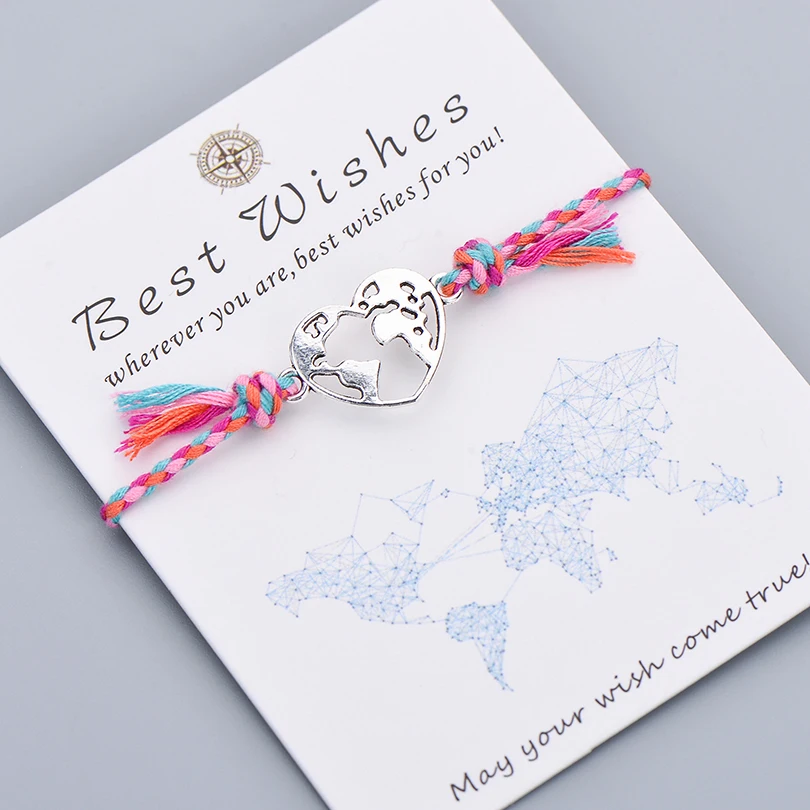 Bohemian Style Rope Braided Heart Bracelet Lover Couple Best Wishes World Map Charm Bracelets Women Wish Jewelry Gift