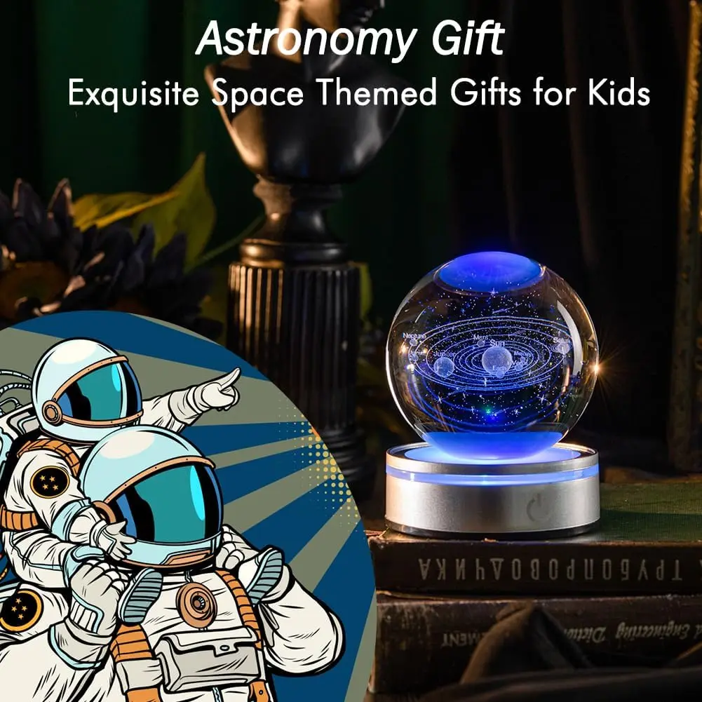 3D Art Laser Engraving Solar System Crystal Ball Led Night Light With LED Base