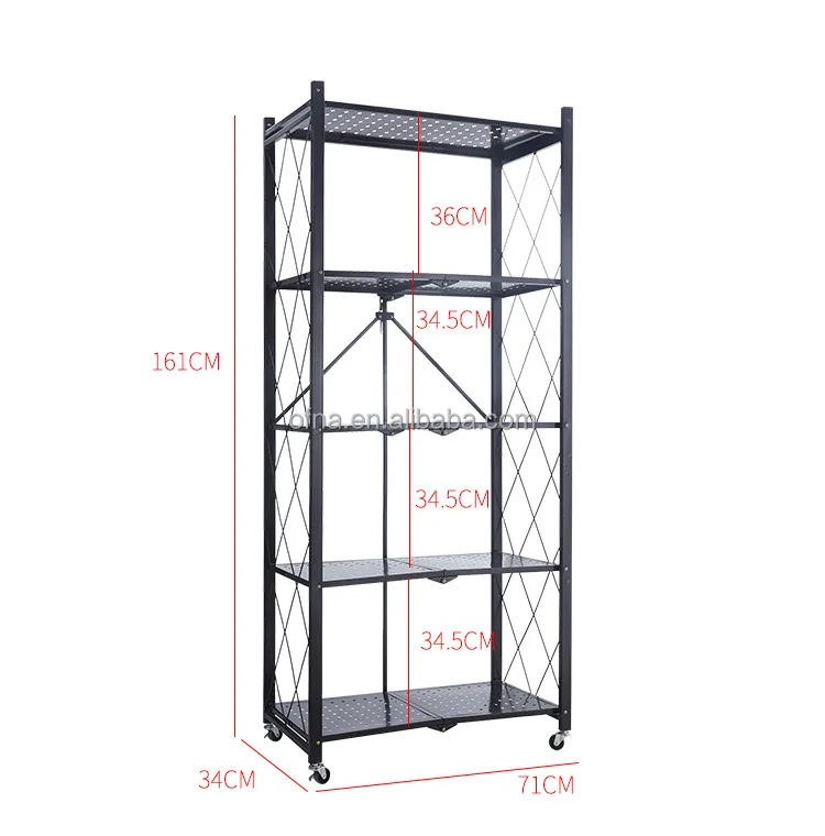 3/4 /5tier Kitchen Folding Shelf Rack For Home Storage Foldable Organizer  Metal Shelves With Wheels For Living Room