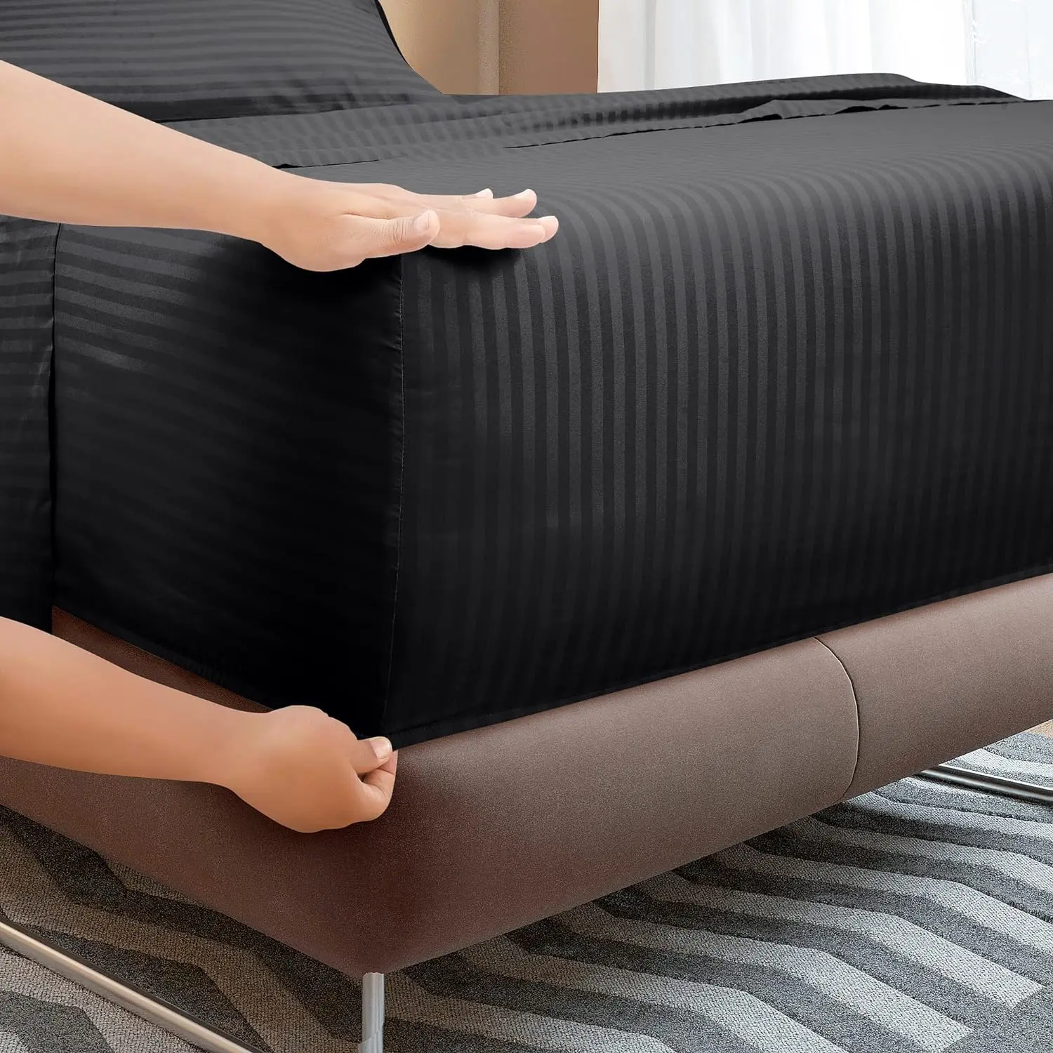 Luxury 1CM Striped Bedsheet Sets Hotel Bed Linen Bedding Polyester Satin Hotel 4 Pcs Bed Sheet Sets