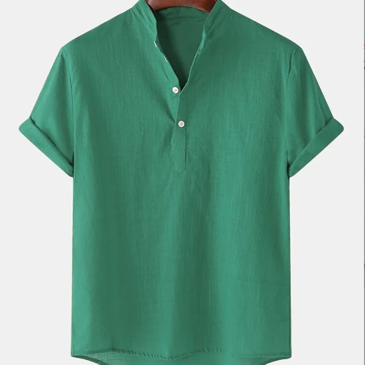 Men Summer Shirt Short Sleeve Cotton Linen Shirt Regular Fit V Neck Button Down Vintage Clothes Top Solid Color T Shirts