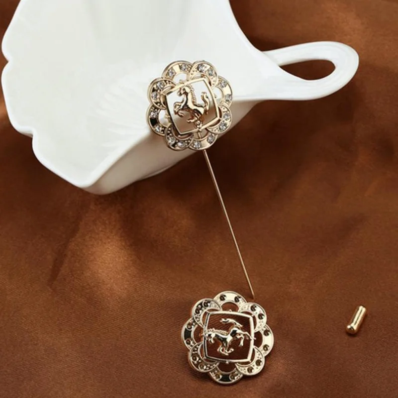 fashion handmade gold horse flower alloy brooch lapel pin for mens suits