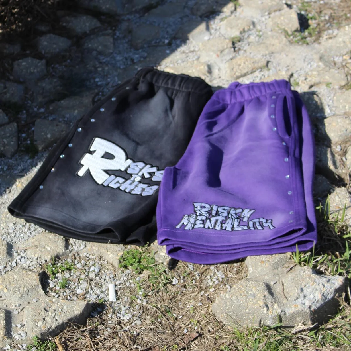 Men Cotton Acid Wash Shorts Custom Puff Printed Black Stone Wash French Terry Rhinestones Sunfade Acid Washing Shorts