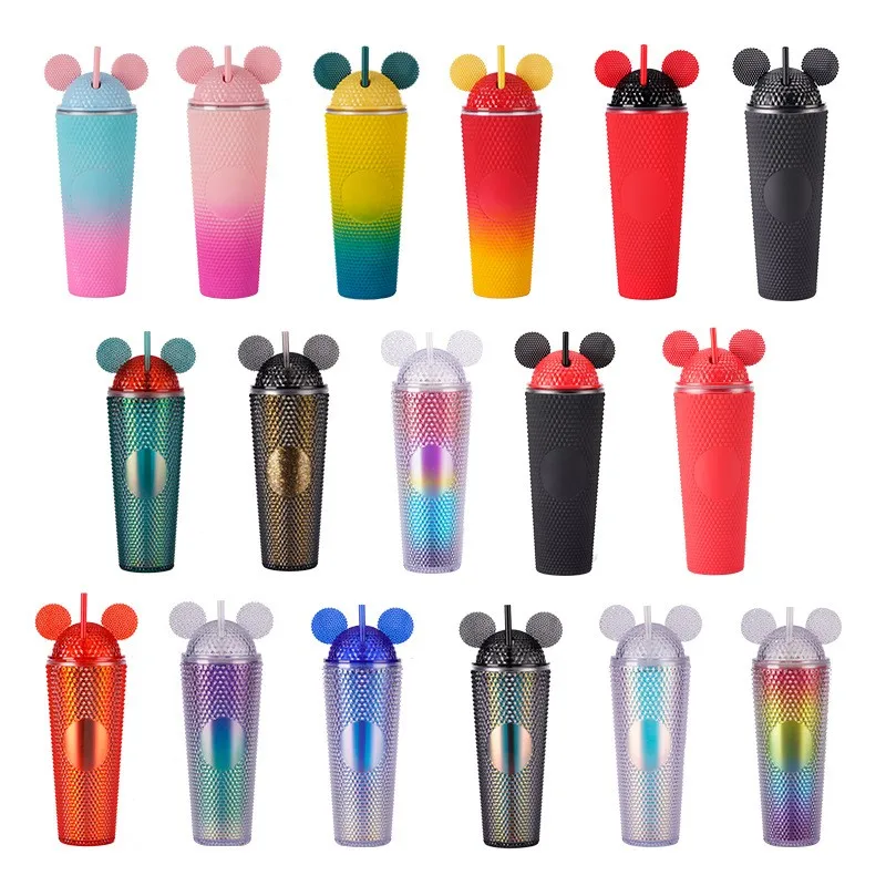 New Style Custom 24oz Double Wall Acrylic Diamond Twinkles Studded Mickey Plastic Cups with Dome Lid And Straw For Gift