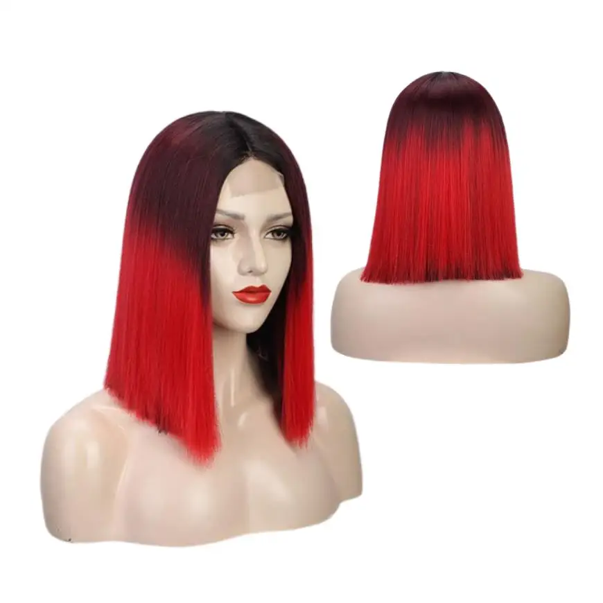 Wholesale 14 inch Afro Ombre Long Lace Front Bob Finger Short Synthetic Hair Cabelo Brasileiro Wigs