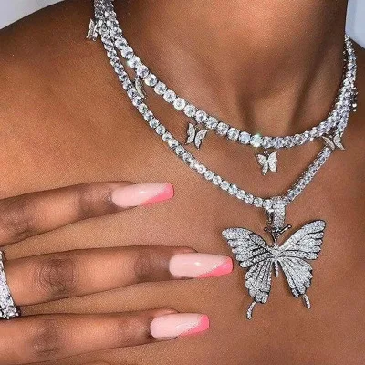 2pcs/Set Metal Butterfly Necklace For Women Silver Pendent Necklace With Diamond Hip Hop Chain Necklace